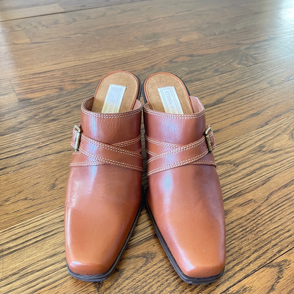 Studio Works Women's Brown Leather Mules High Heels, Size 9M